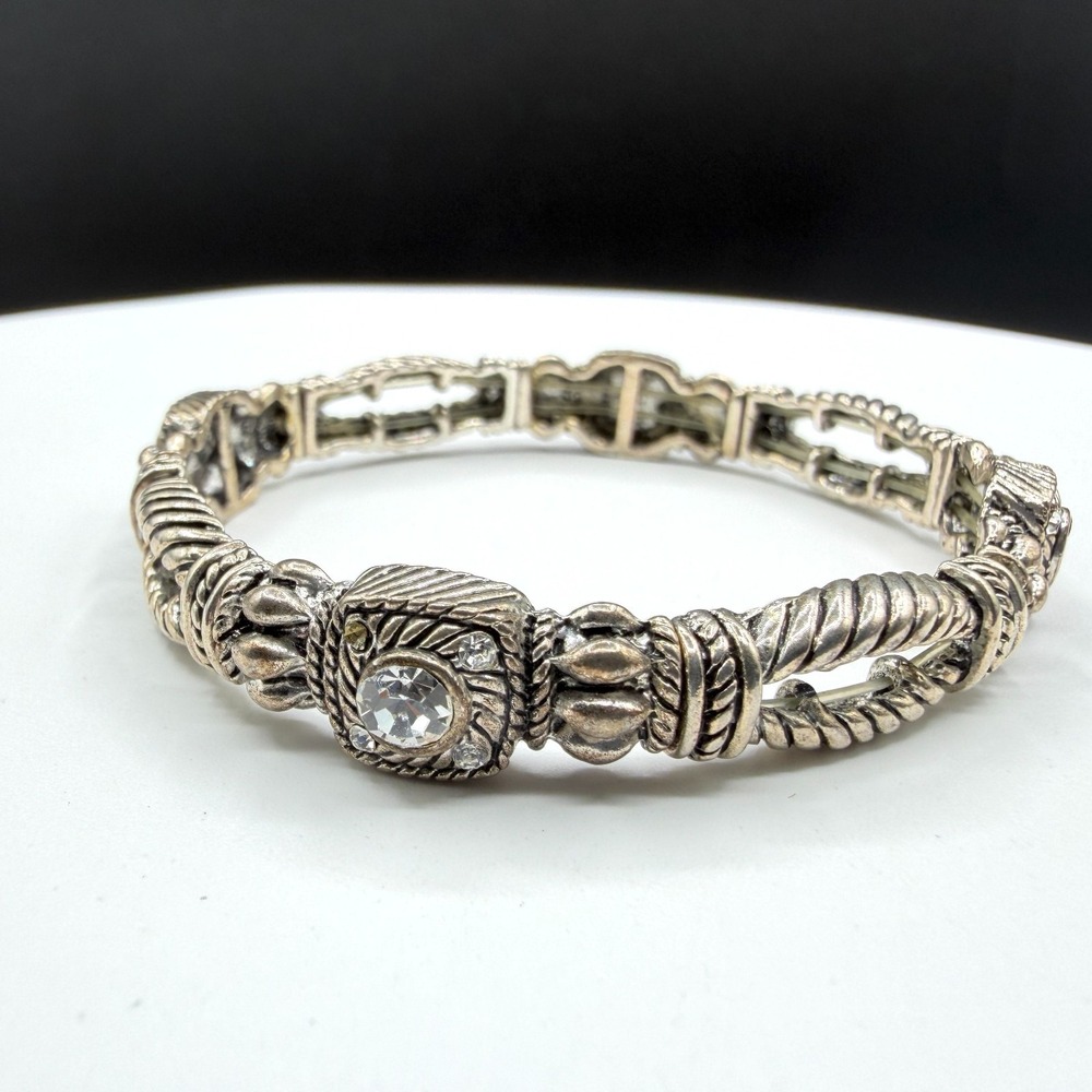 Silver Tone Rhinestone Stretch Bangle Bracelet Rope Twist Ornate Boho Statement